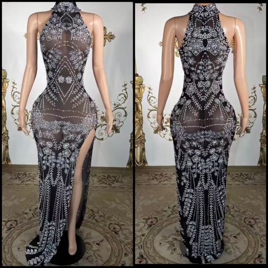 Sexy Sleeveless Black Pearl Rhinestone Side Split Maxi Dress