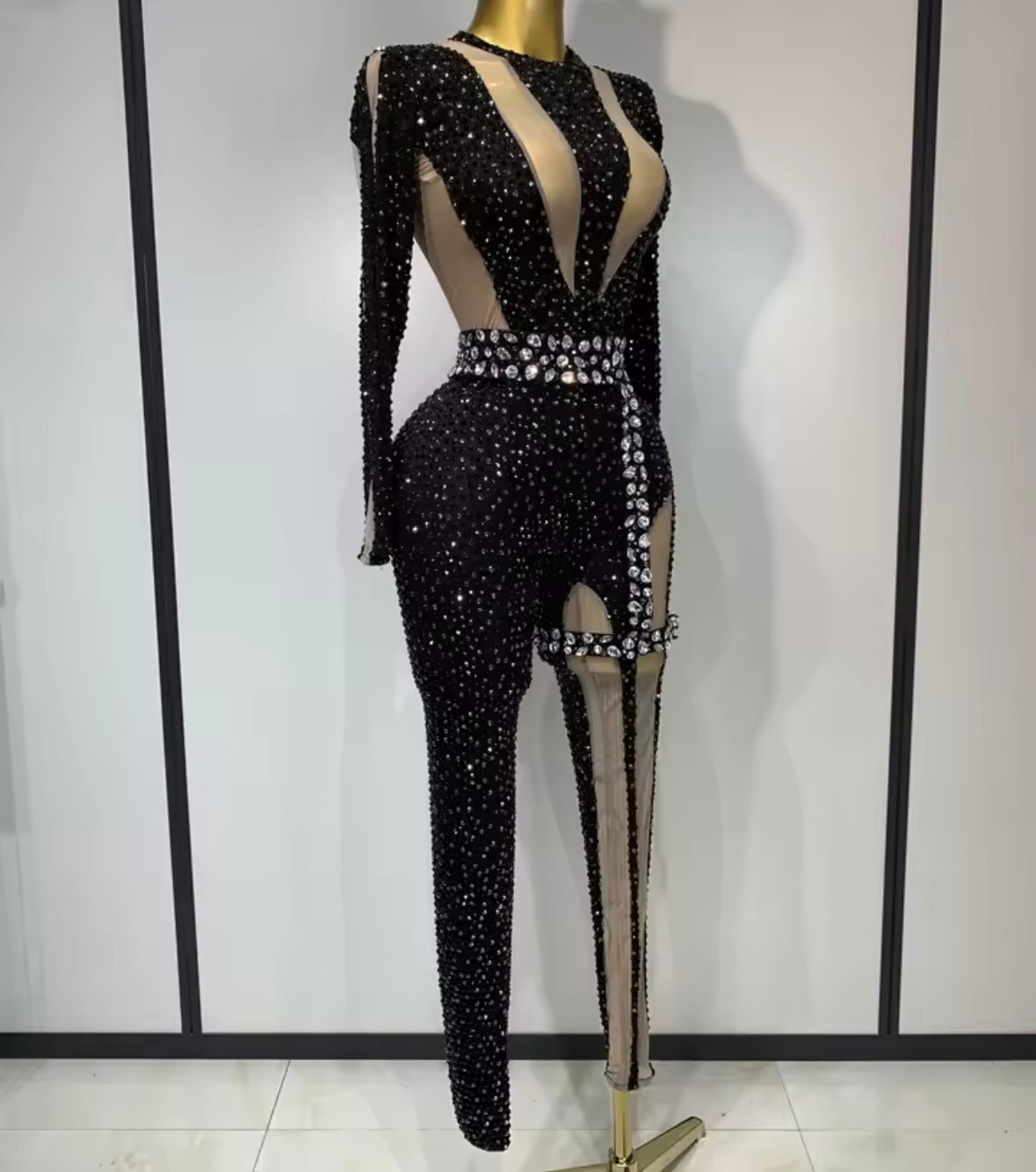 Sexy Black Sparkly Rhinestone Full Sleeve Jumpsuit