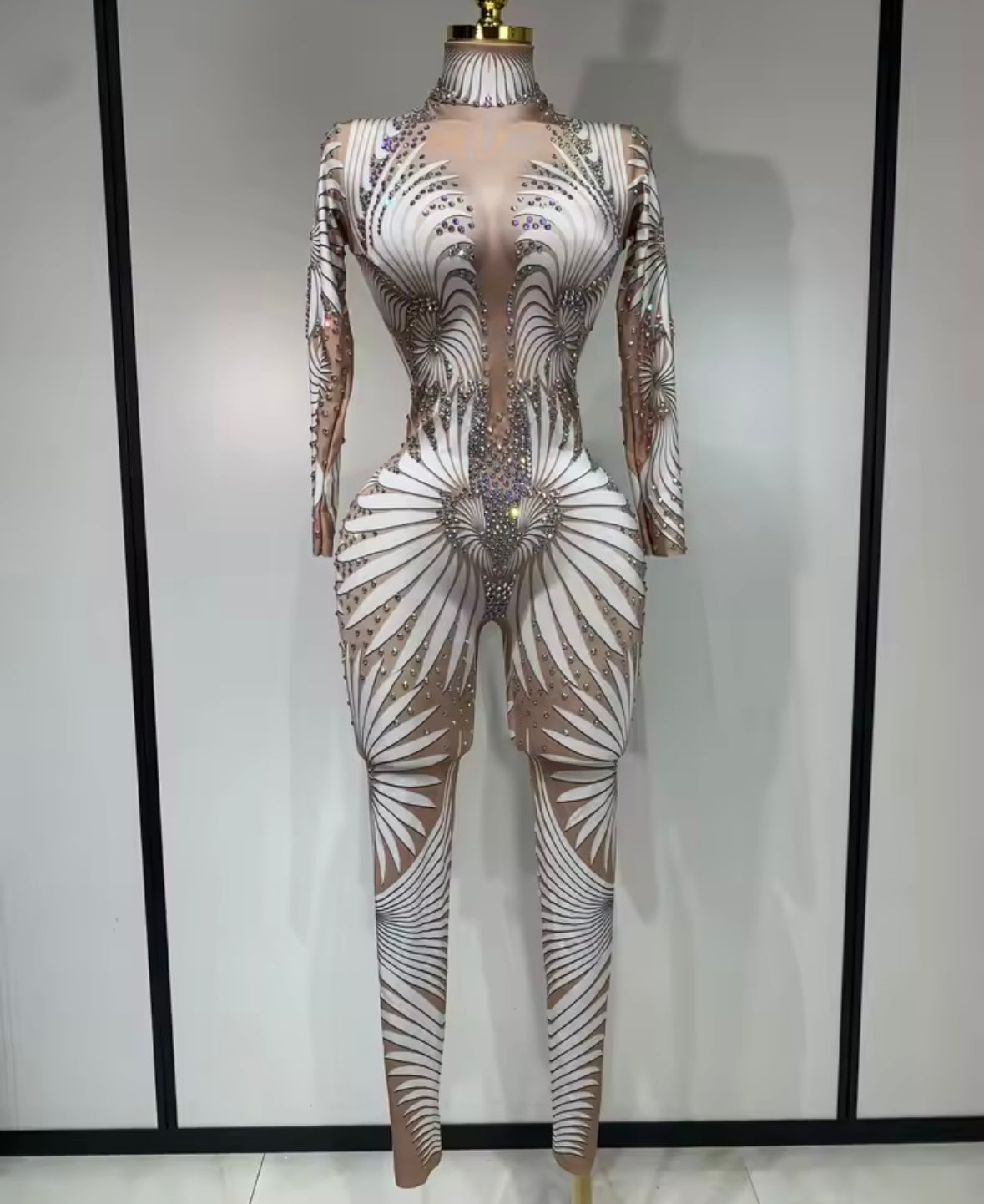 Sexy Rhinestone Embellishment Printed Full Sleeve Jumpsuit