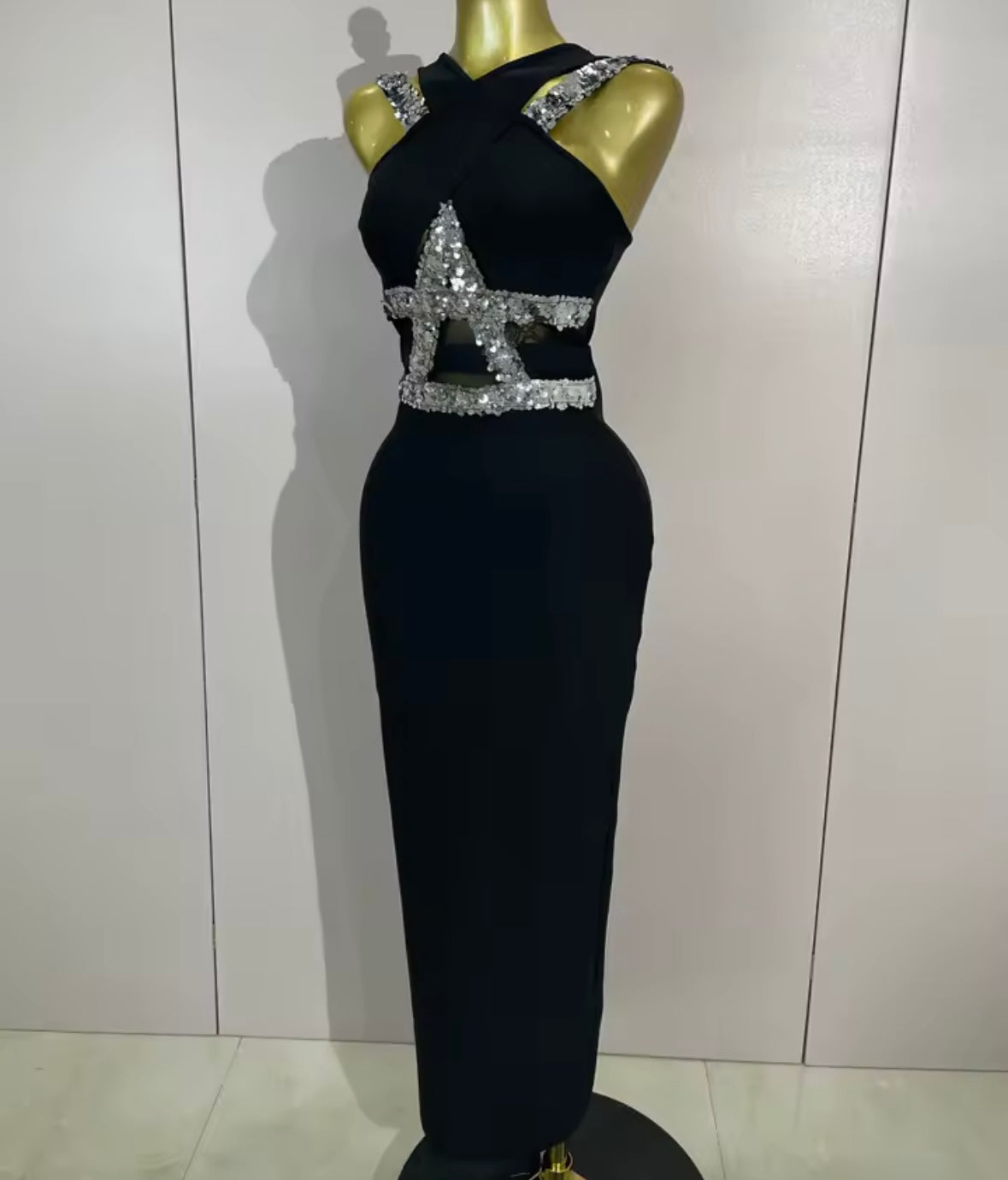 Black Sexy Sequins Sleeveless Floor-Length Dress