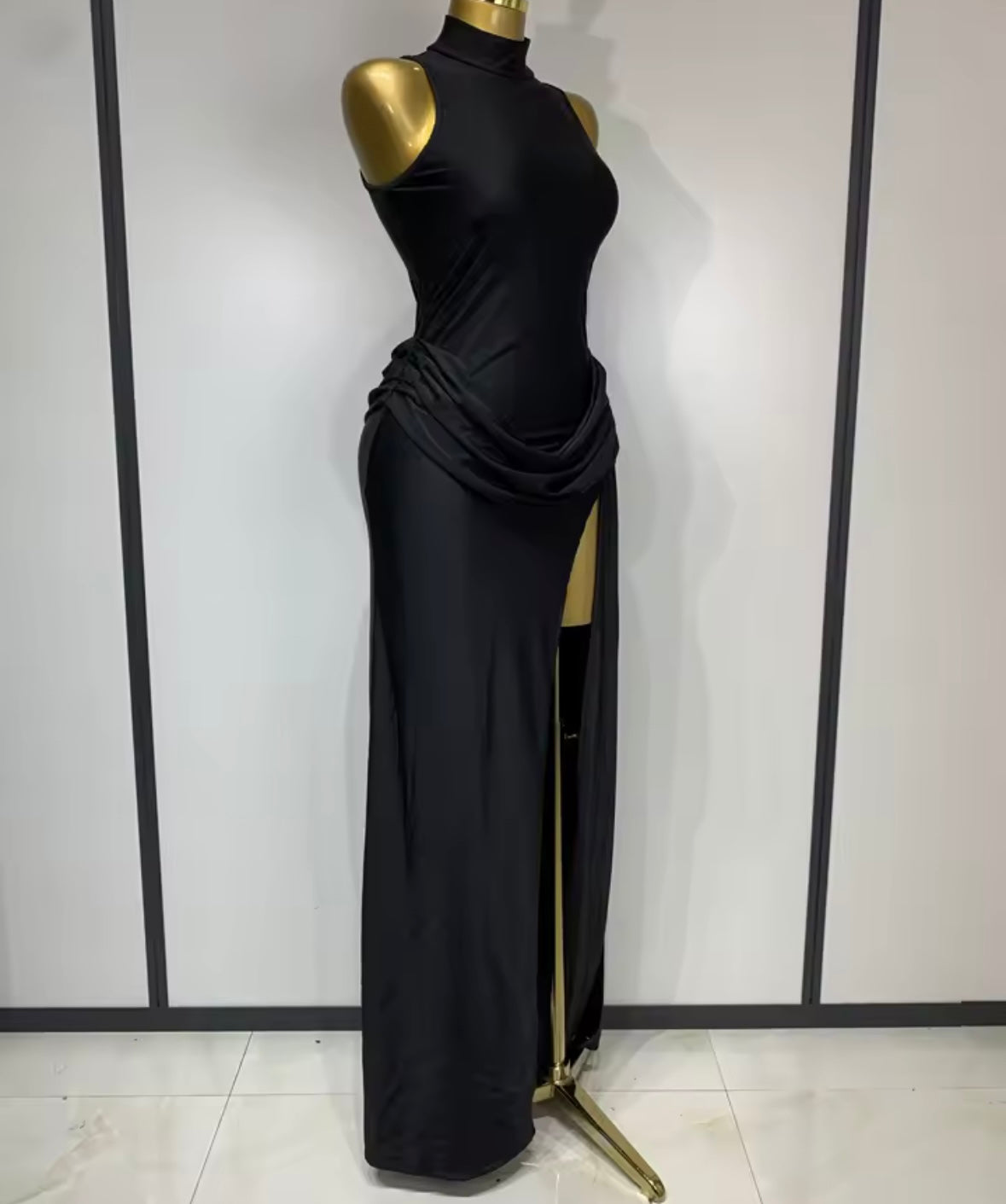 Sexy Sleeveless Ruched Side Split Maxi Dress