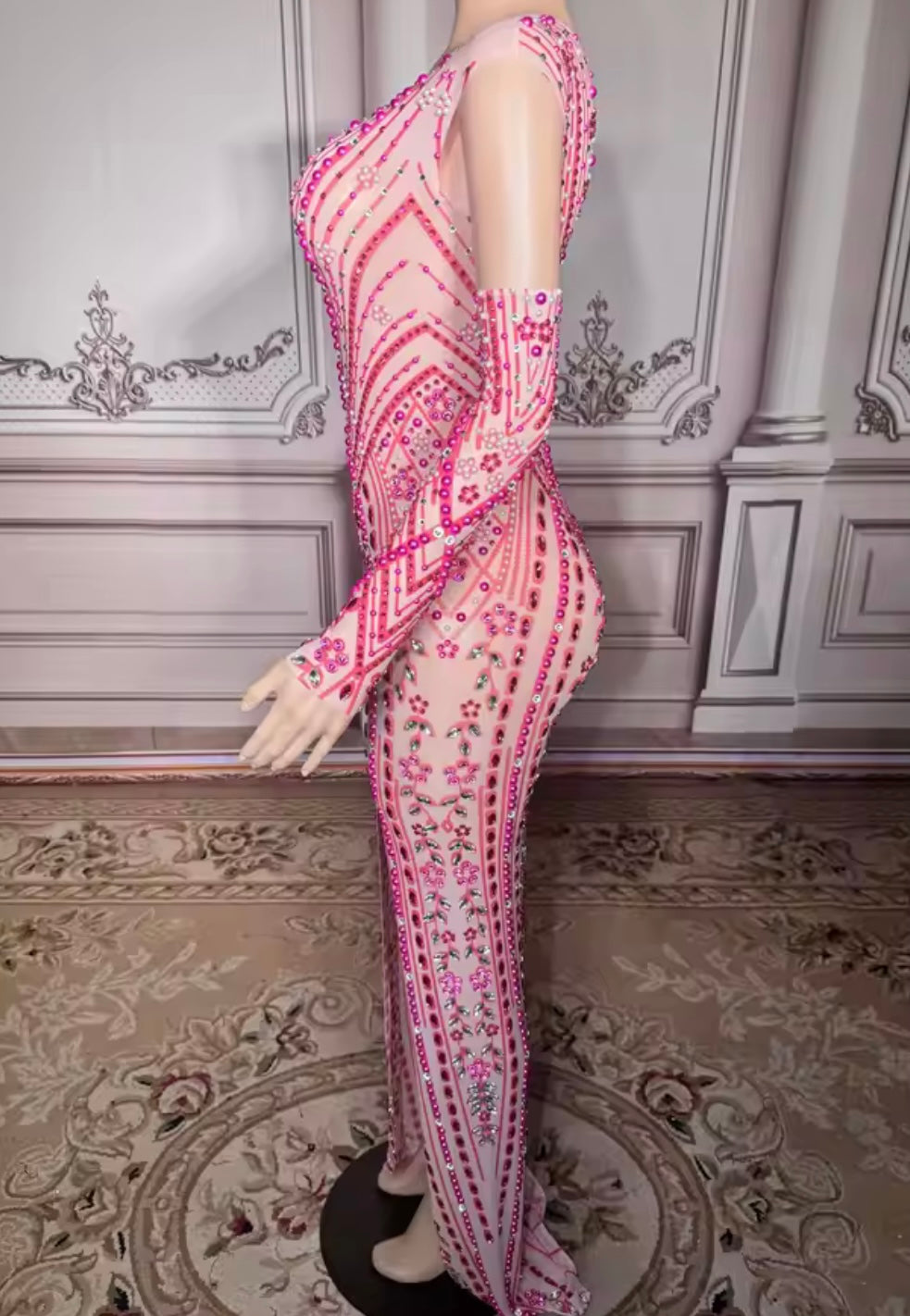 Elegant Pink Rhinestone Glove Sleeveless Maxi Dress