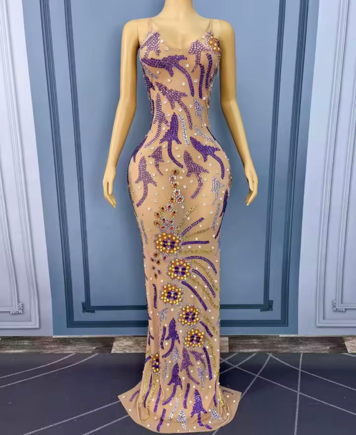 Sexy Sleeveless Color Rhinestone Embellishment Maxi Dress