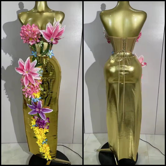 Gold Sexy Strapless Floral Embellishment Maxi Skirt Set