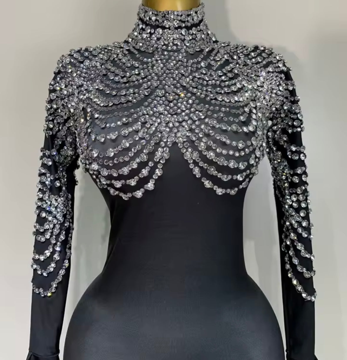 Black Rhinestone Embellishment Full Sleeve Jumpsuit