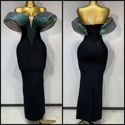 Black Elegant Off The Shoulder Beaded Floor-Length Dress