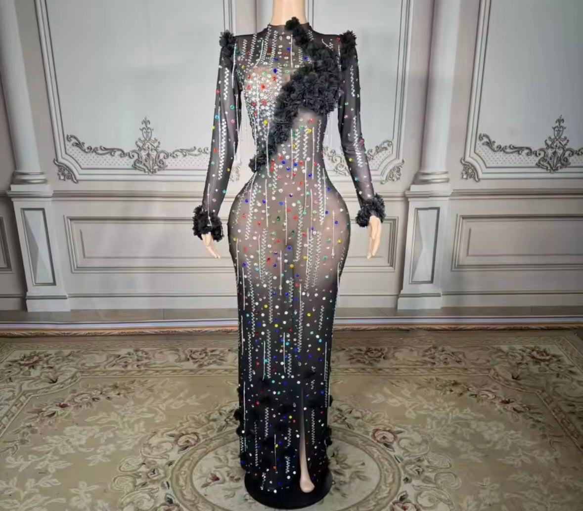Sexy Black Colorful Rhinestone Full Sleeve Maxi Dress