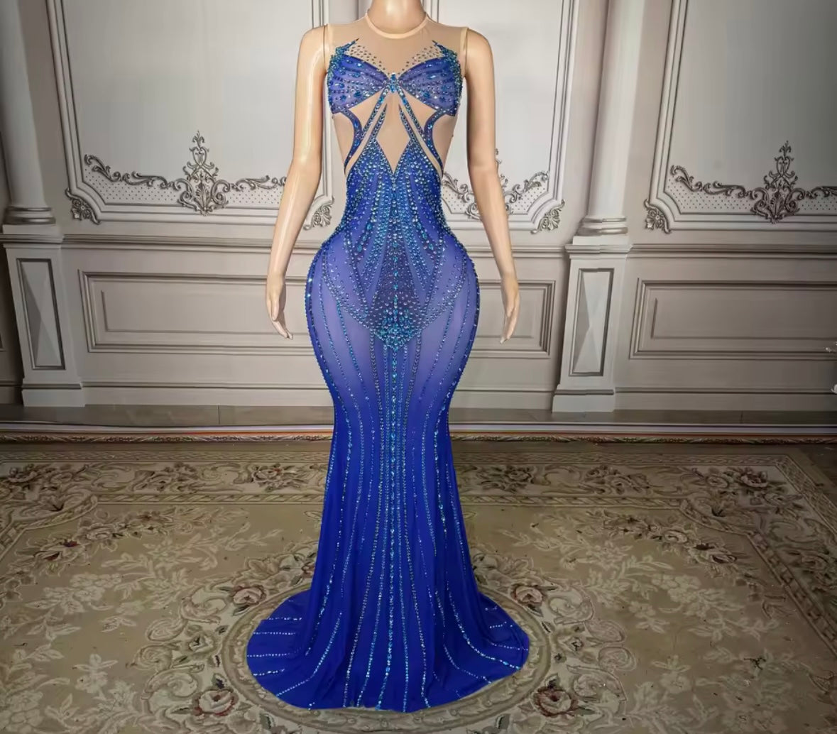 Blue Rhinestone Embellishment Sleeveless Floor-Length Dress