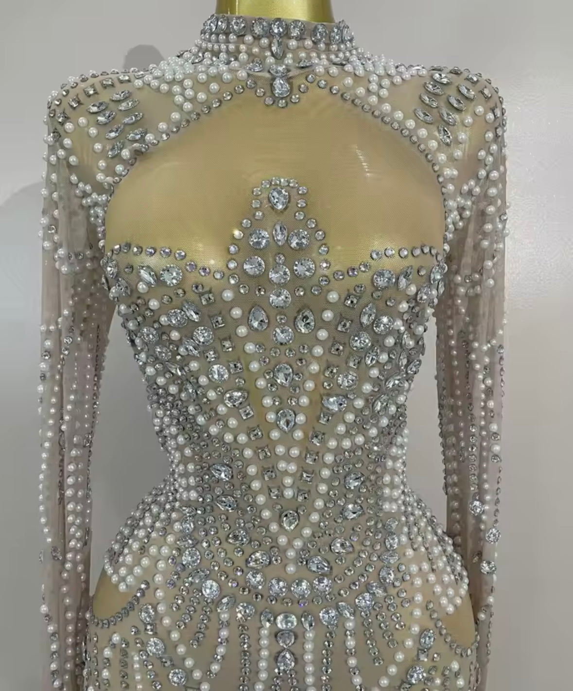 Sexy Pearl Rhinestone See Through Full Sleeve Dress