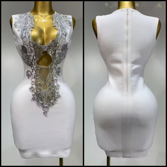 White Sleeveless Sequins Cut Out Sexy Dress