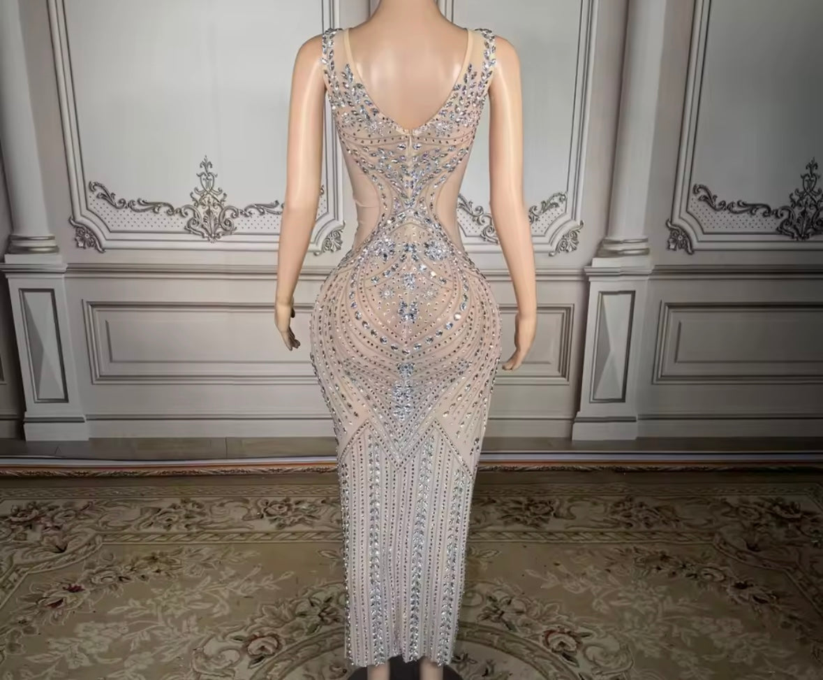 Rhinestone Embellishment Sexy Sleeveless Side Split Maxi Dress