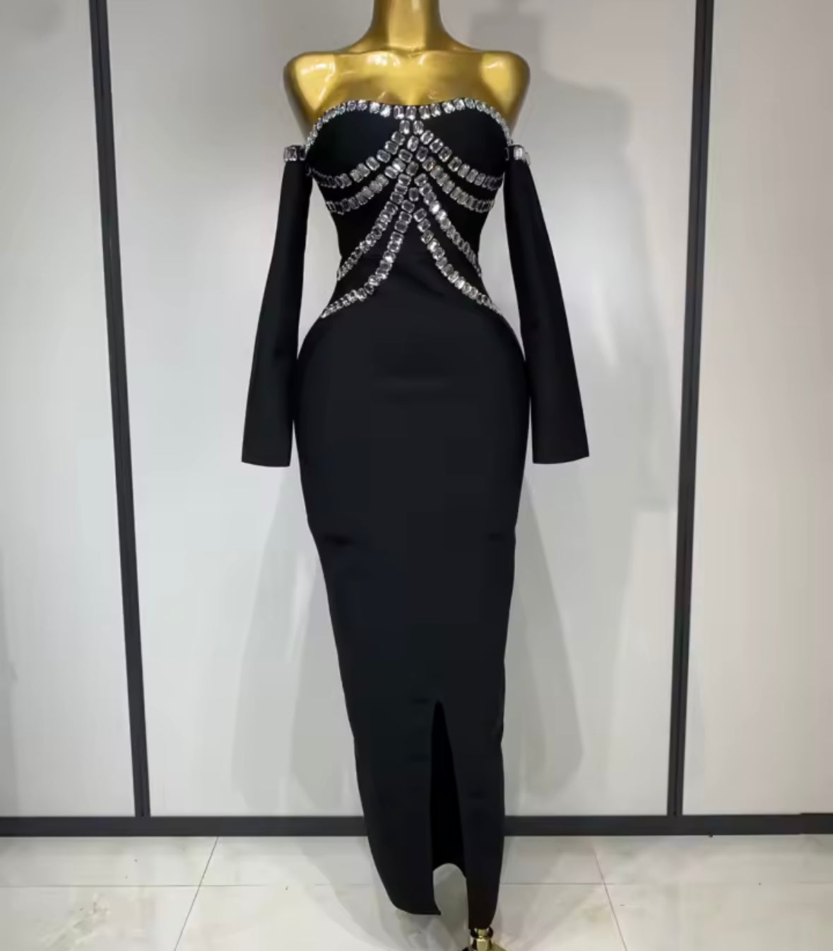 Black Strapless Rhinestone Full Sleeve Front Split Elegant Dress