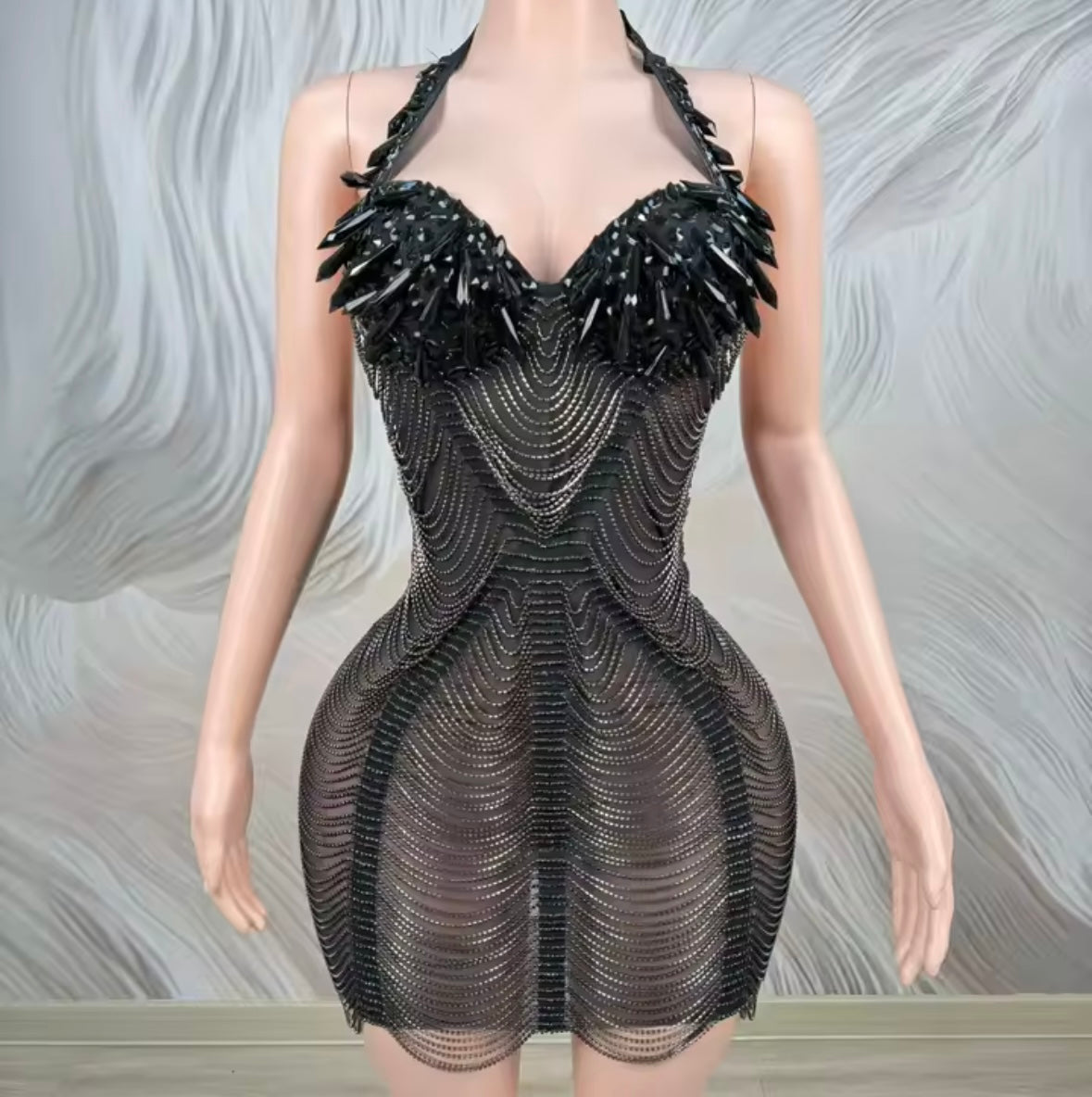 Sexy Halter Sleeveless Rhinestone Fringe Chain Dress