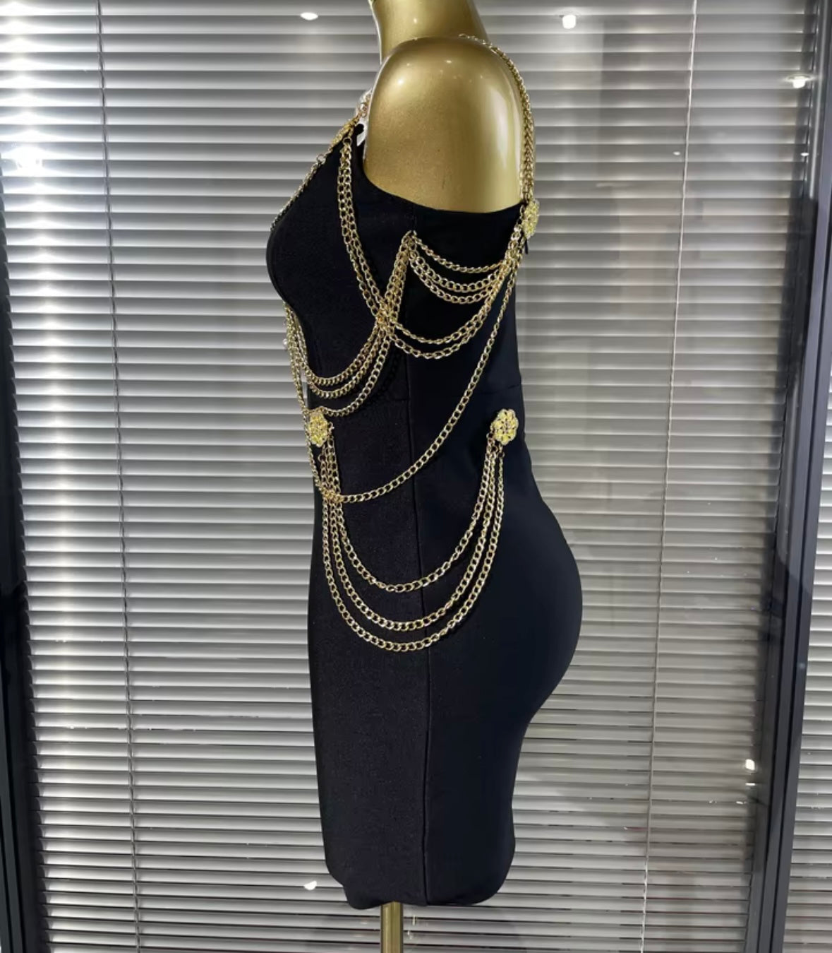 Black Sleeveless Crystal Chain Sexy Bandage Dress