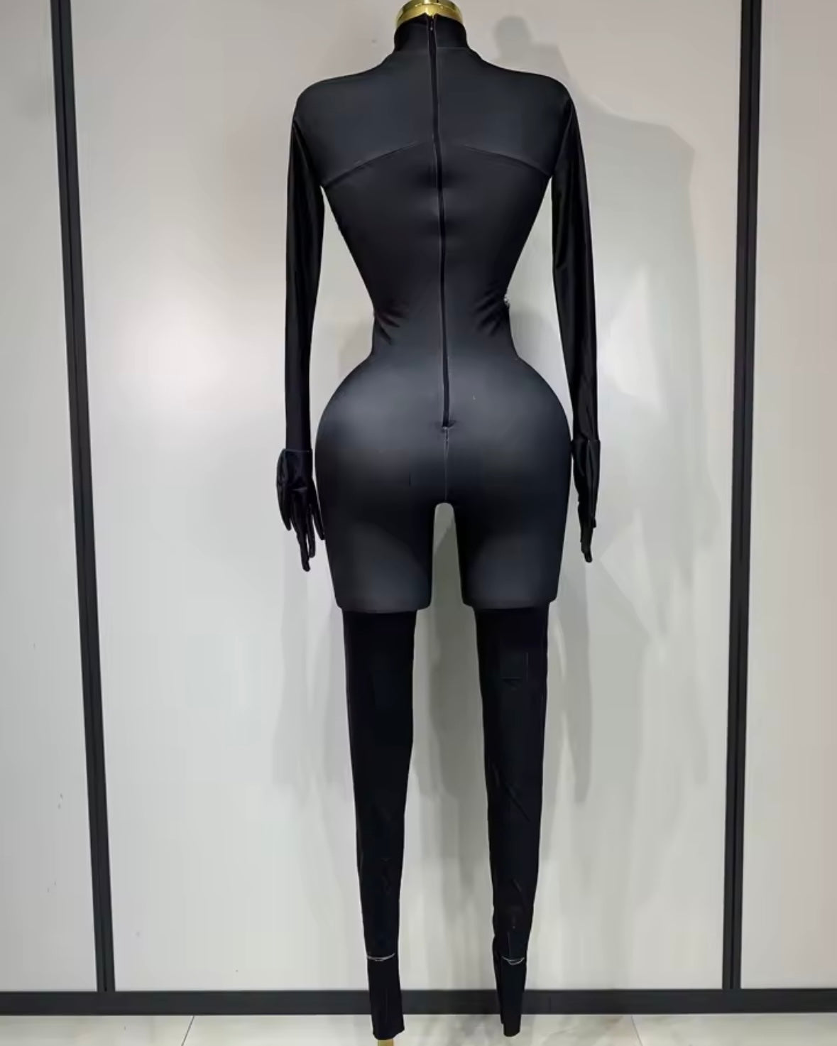 Black Rhinestone Embellishment Sexy Glove Full Sleeve Jumpsuit