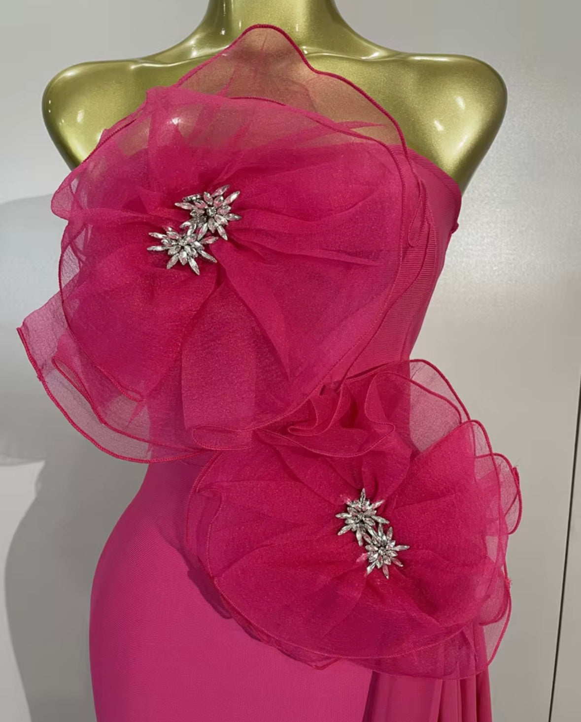 Pink Strapless Crystal Floral Tassel Dress