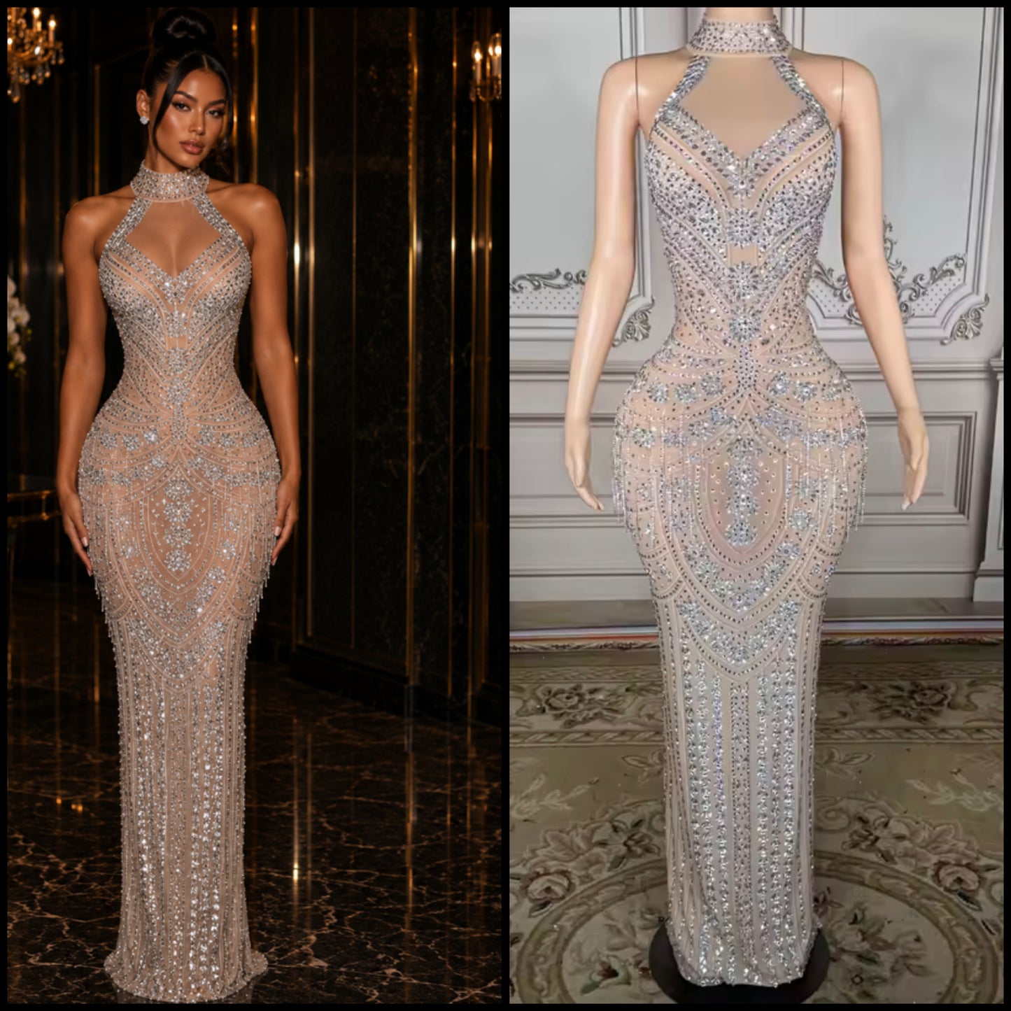 Sexy Halter Sleeveless Rhinestone Embellishment Tassel Maxi Dress