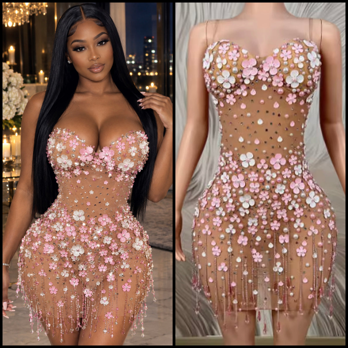 Sexy Sleeveless Rhinestone Pearl Floral Tassel See Through Dress