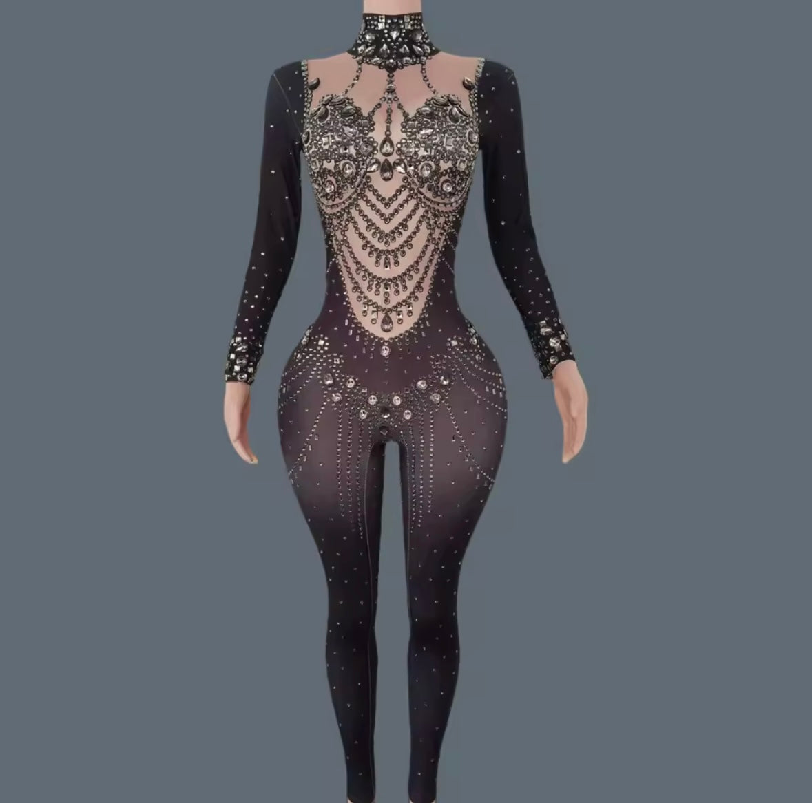 Elegant Beaded Rhinestone Full Sleeve Jumpsuit