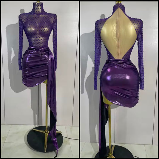 Purple Sexy Rhinestone Turtleneck Full Sleeve Dress
