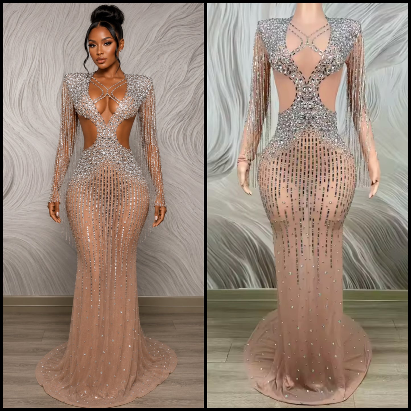 Sexy Rhinestone Tassel Full Sleeve Mermaid Dress