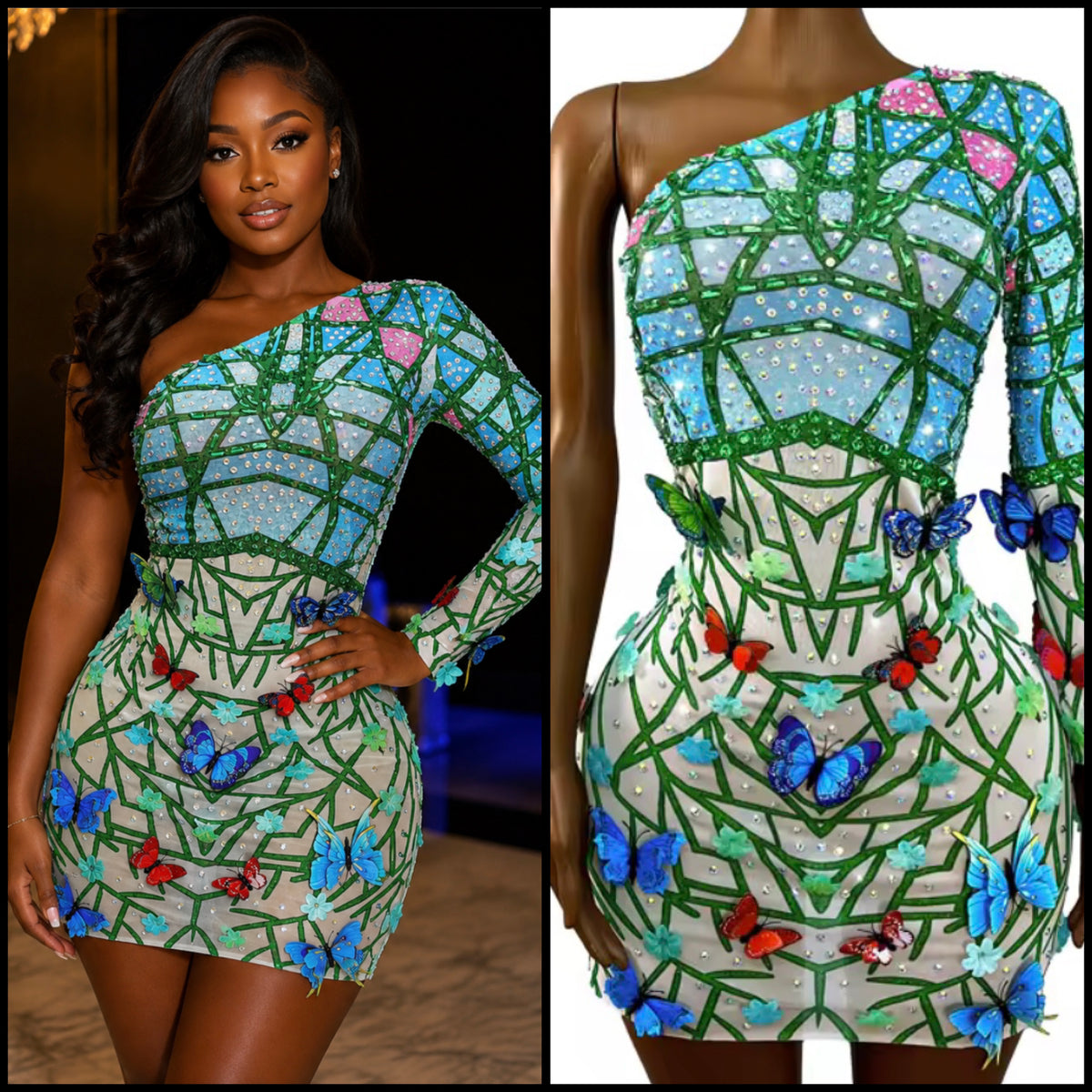 Sexy One Shoulder Full Sleeve Rhinestone Butterfly Printed Dress
