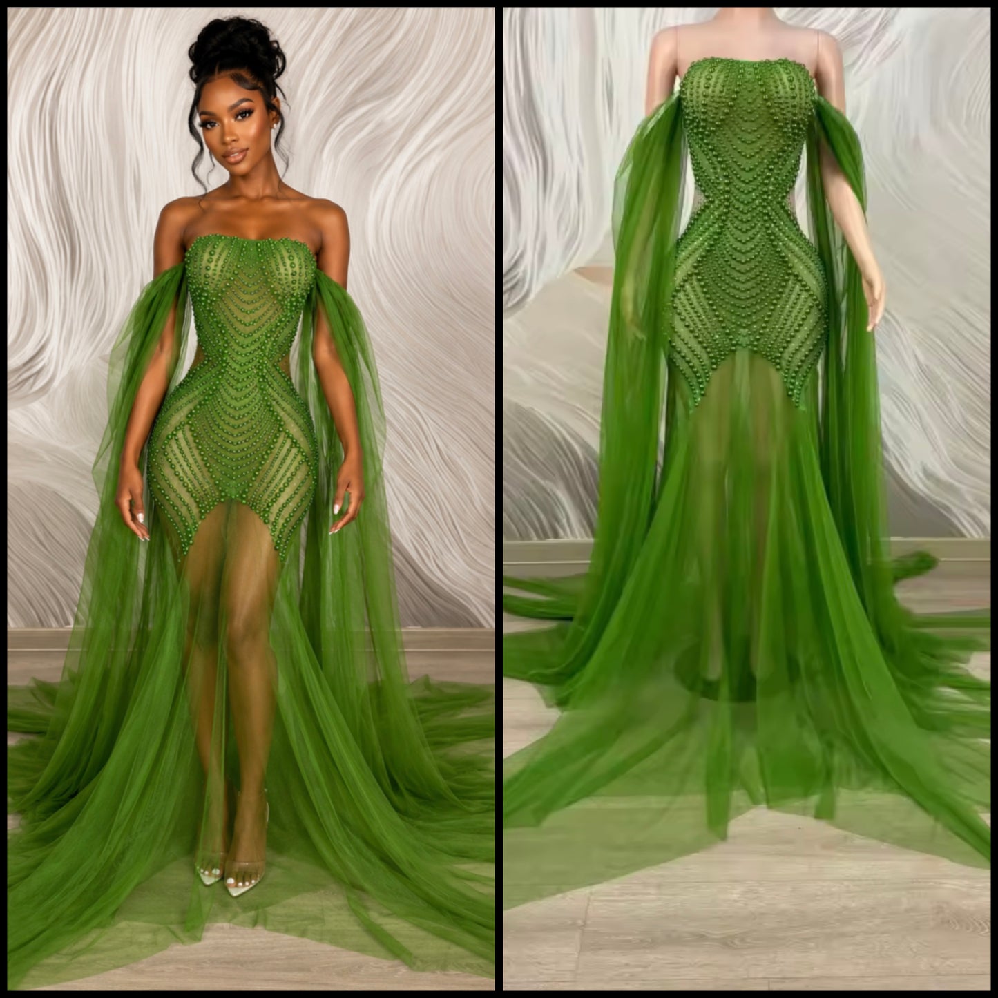 Sexy Strapless Beaded See Through Floor-Length Dress