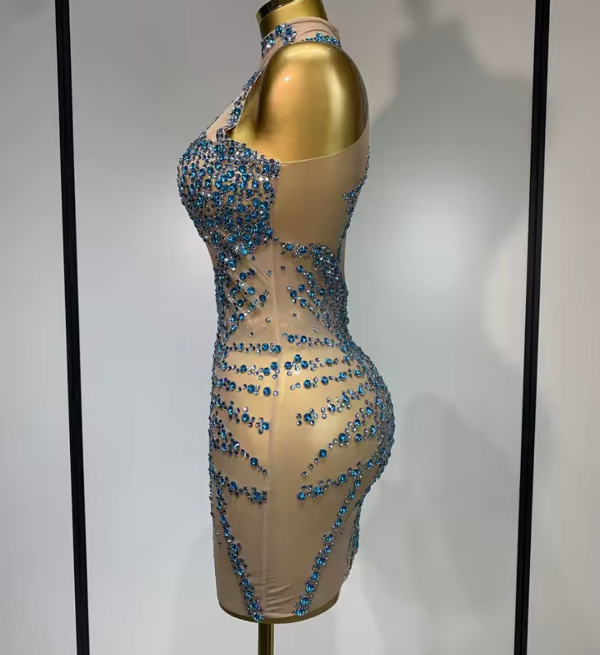 Sleeveless Rhinestone Sexy Short See Through Dress