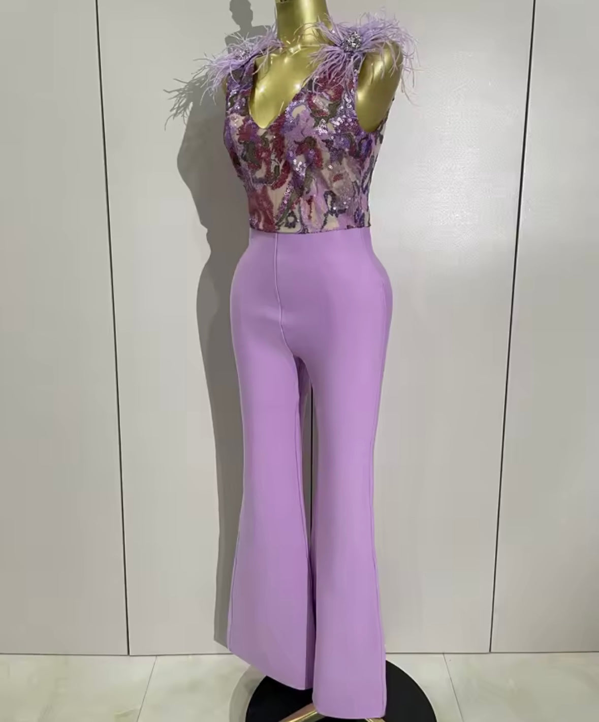 Sleeveless Sequins Feather Lavender Jumpsuit