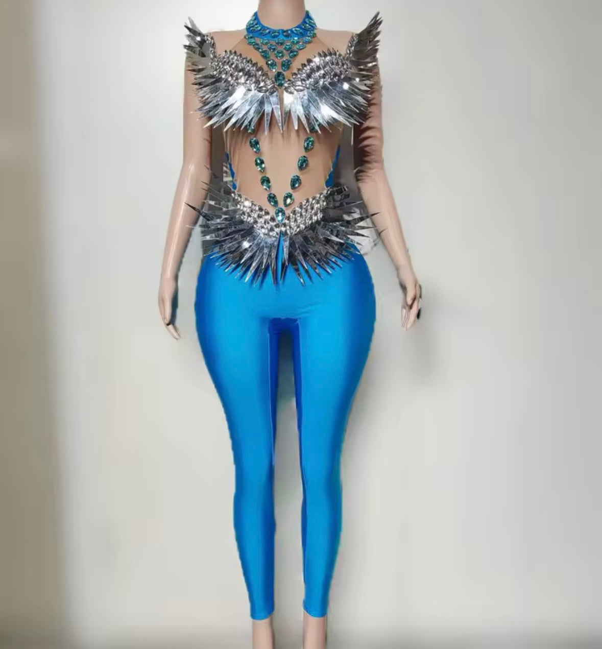 Sexy Halter Sleeveless Open Back Rhinestone Blue Jumpsuit
