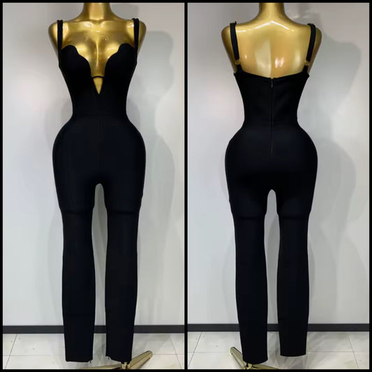 Black Sleeveless V-Neck Bandage Jumpsuit