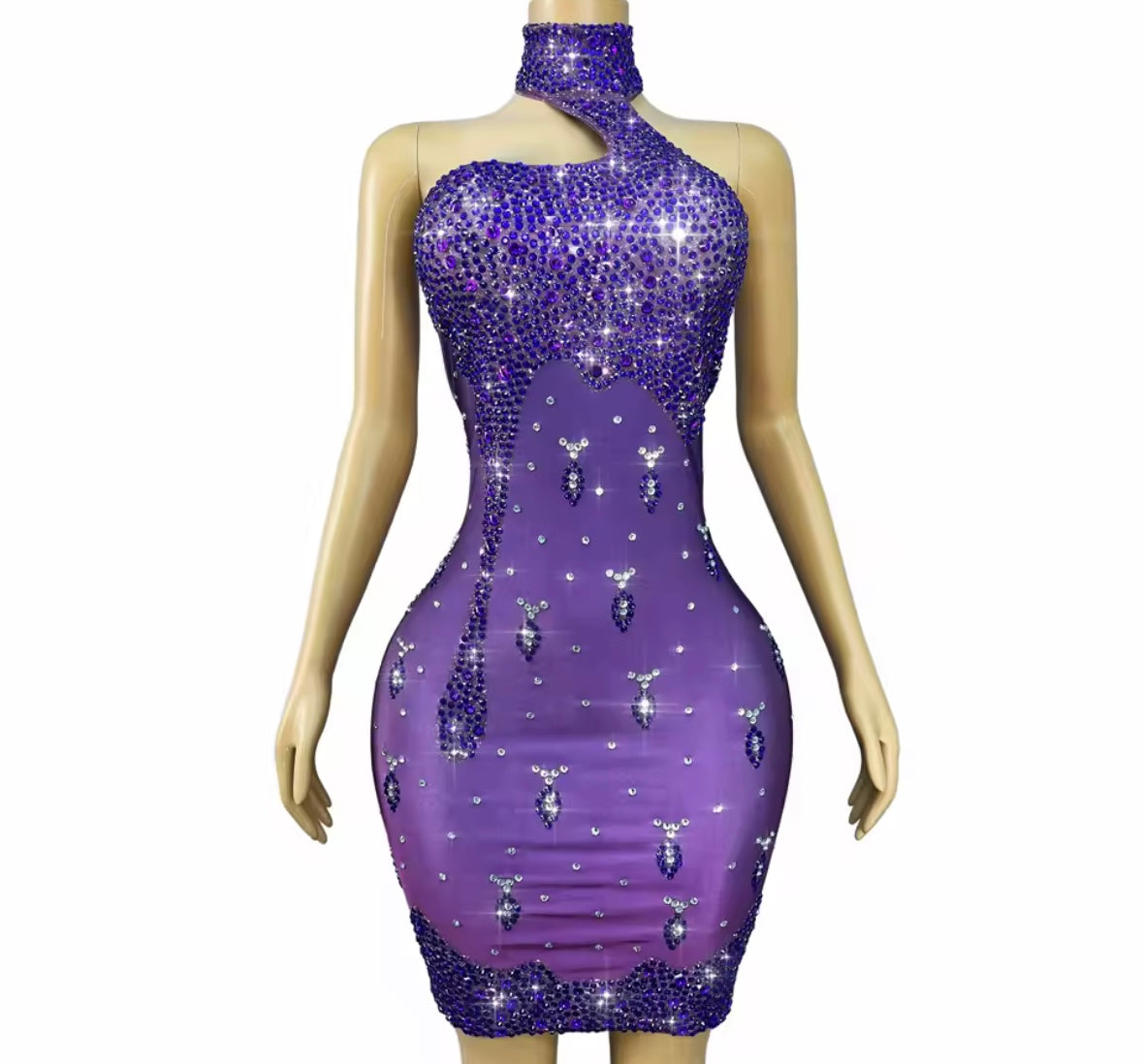Purple Sexy Halter Sleeveless Rhinestone Dress