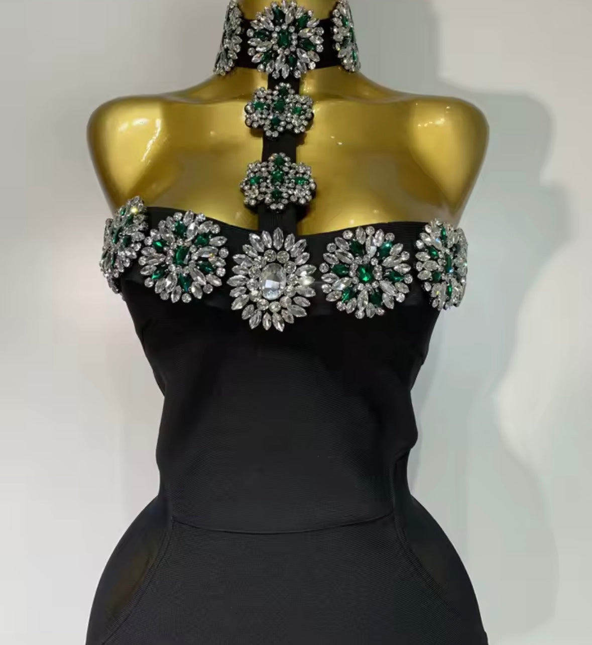 Elegant Black Crystal Rhinestone Choker Strapless Maxi Dress