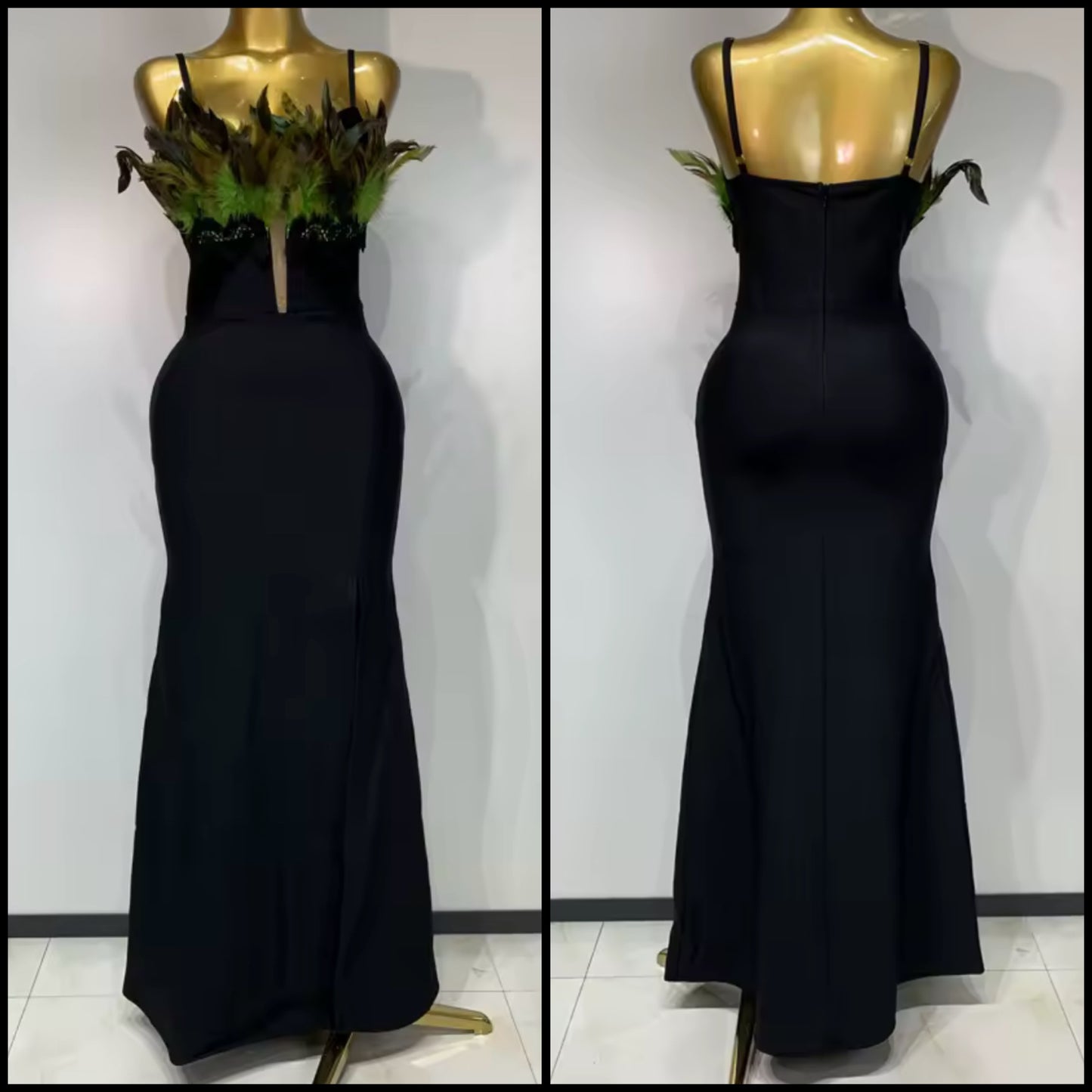 Black Elegant Feather Sleeveless Floor-Length Dress