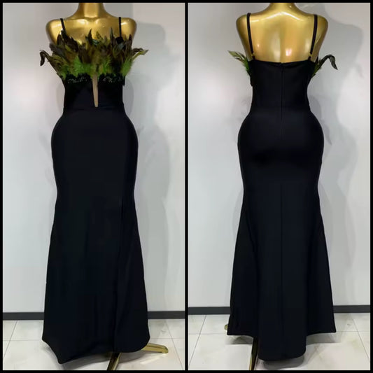 Black Elegant Feather Sleeveless Floor-Length Dress
