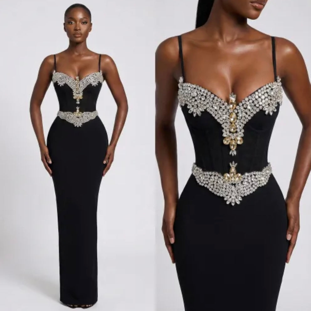 Elegant Black Floor-Length Rhinestone Embellishment Dress
