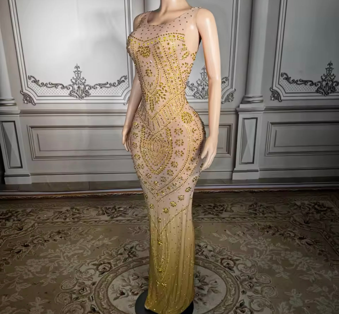 Gold Rhinestone Embellishment See Through Sleeveless Maxi Dress