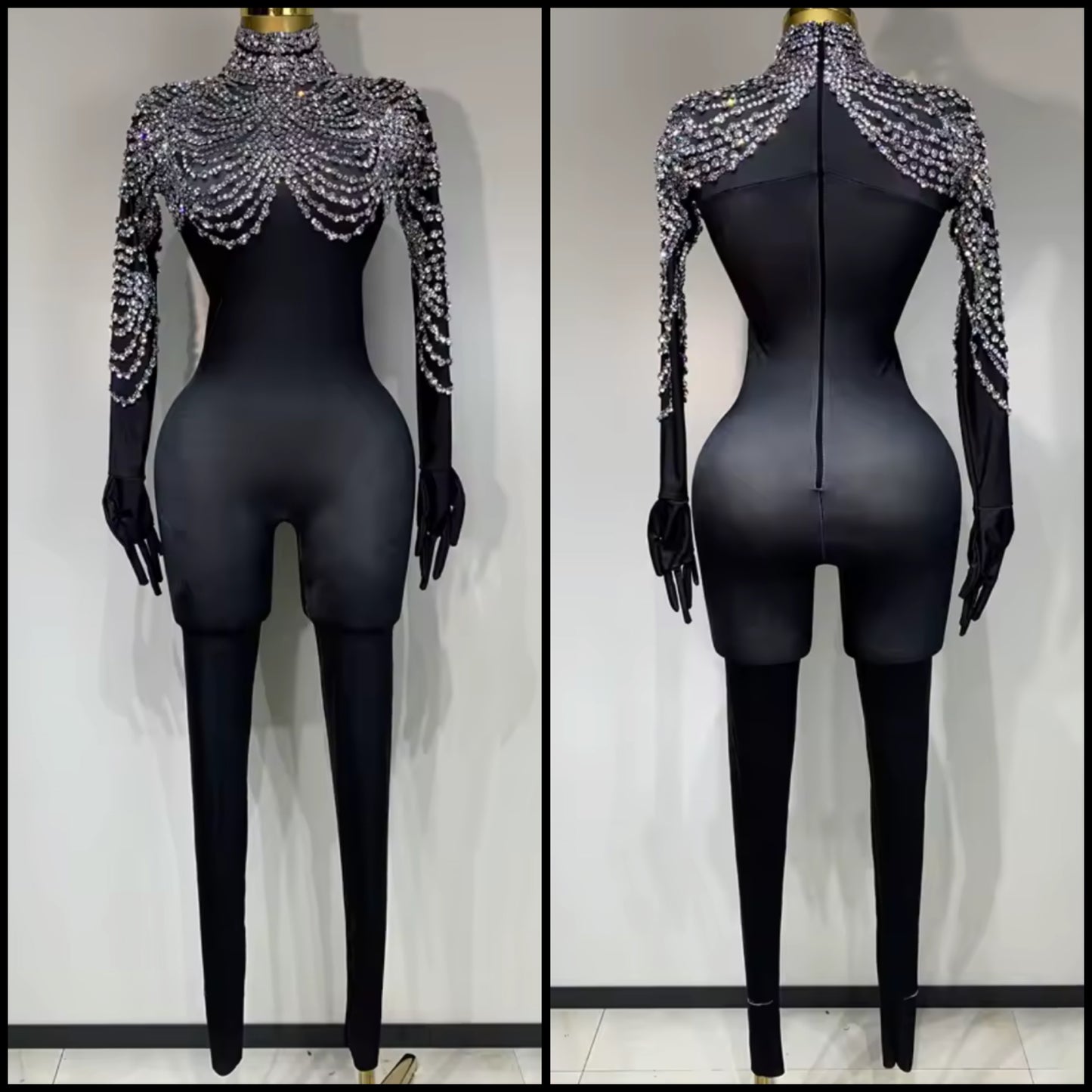 Black Rhinestone Embellishment Full Sleeve Jumpsuit