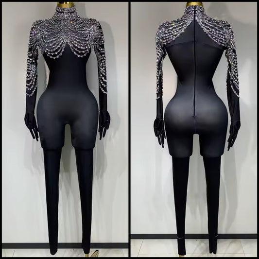 Black Rhinestone Embellishment Full Sleeve Jumpsuit