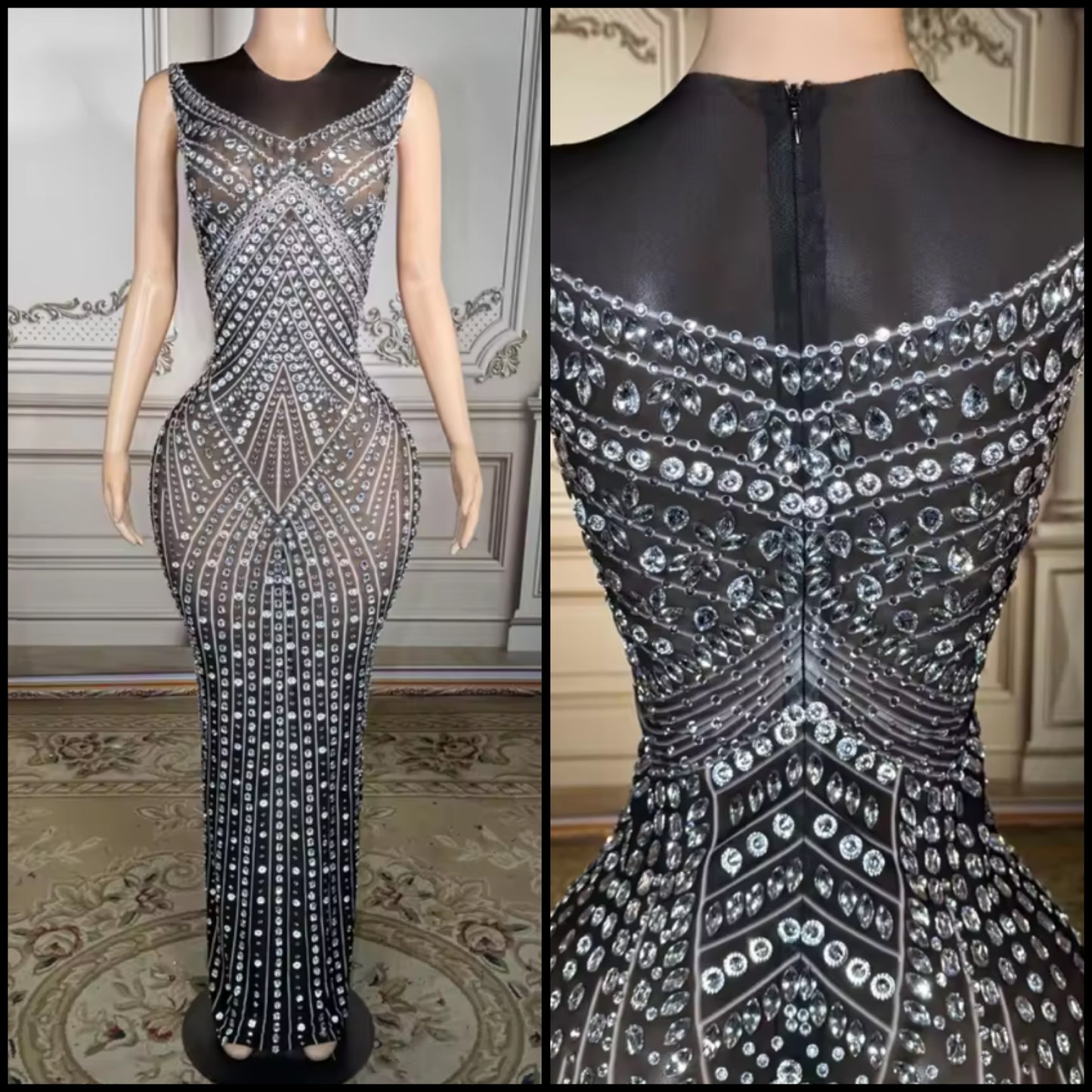 Sexy Sleeveless Black Crystal Rhinestone Floor-Length Dress