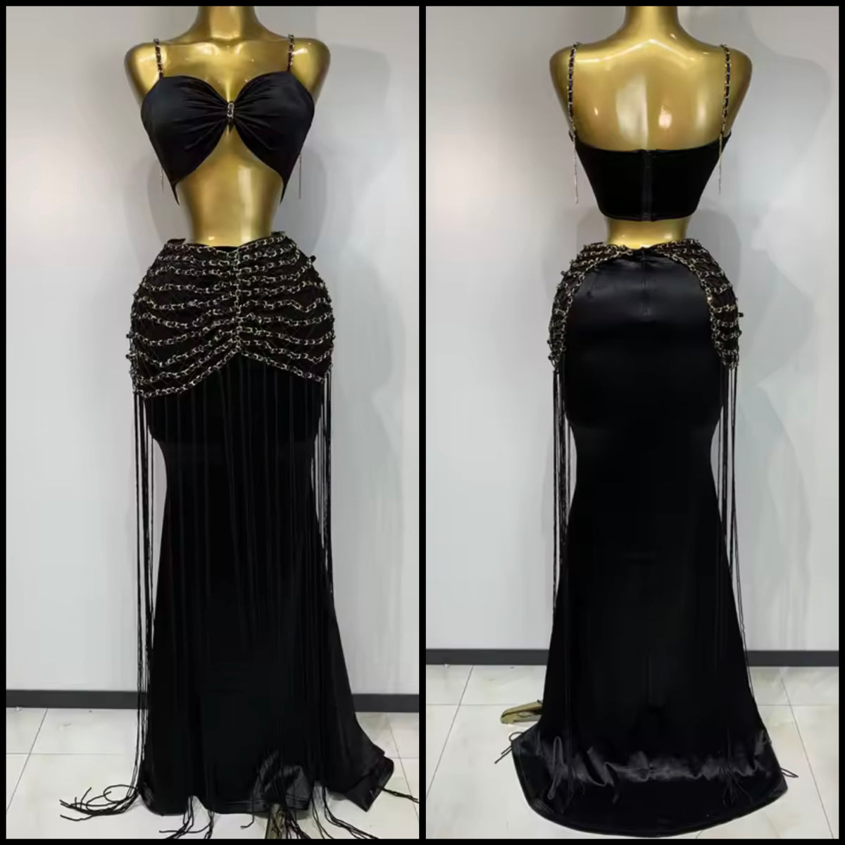 Sexy Black Sleeveless Chain Fringe Tassel Maxi Skirt Set
