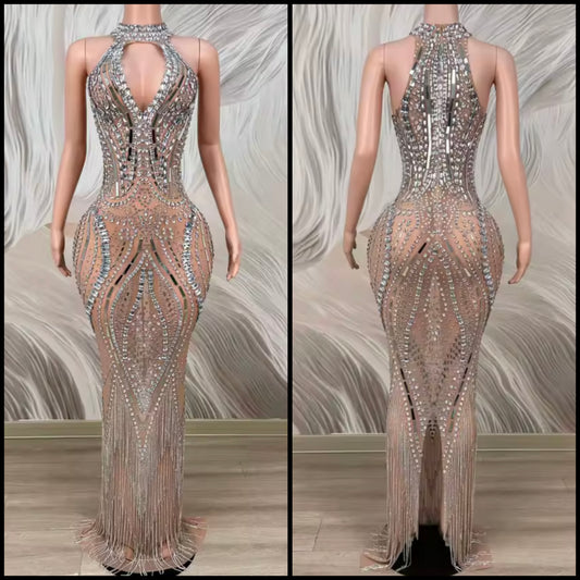 Sleeveless Sexy See Through Rhinestone Embellishment Maxi Dress