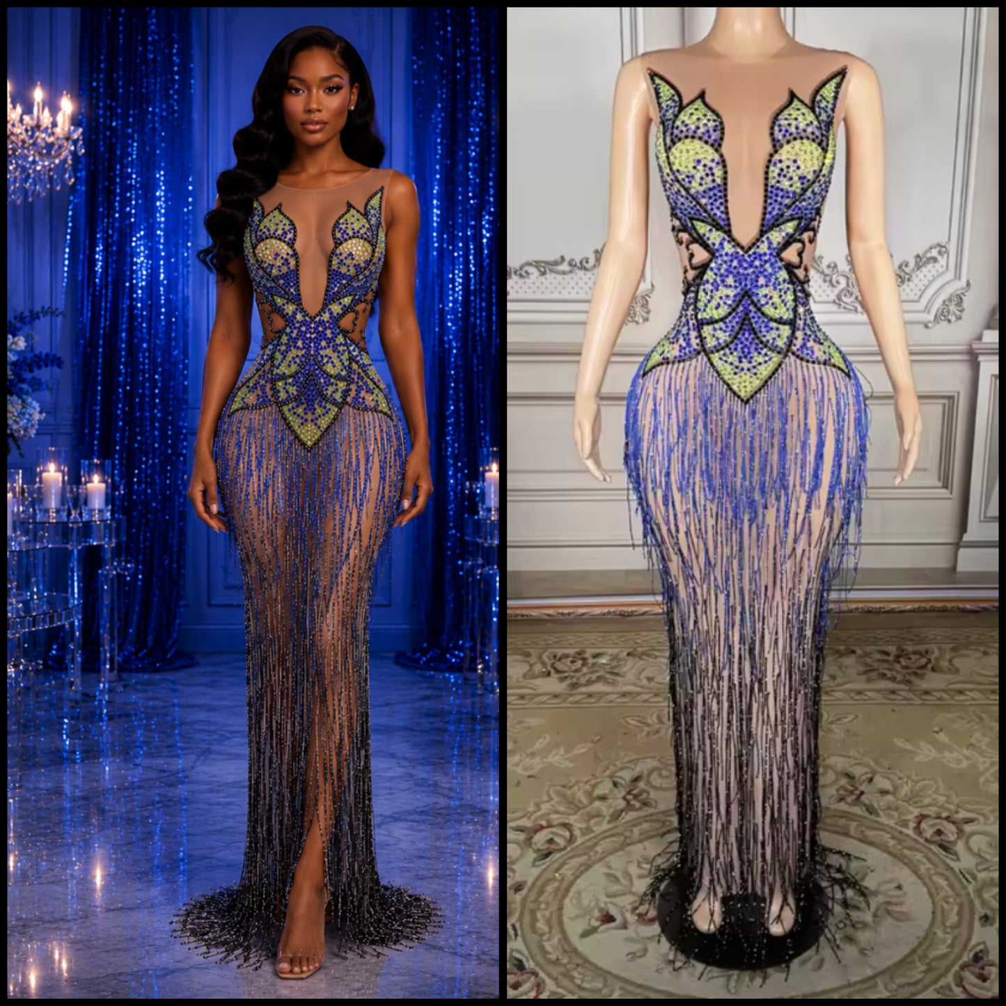 Sexy Sleeveless Rhinestone Tassel See Through Maxi Dress