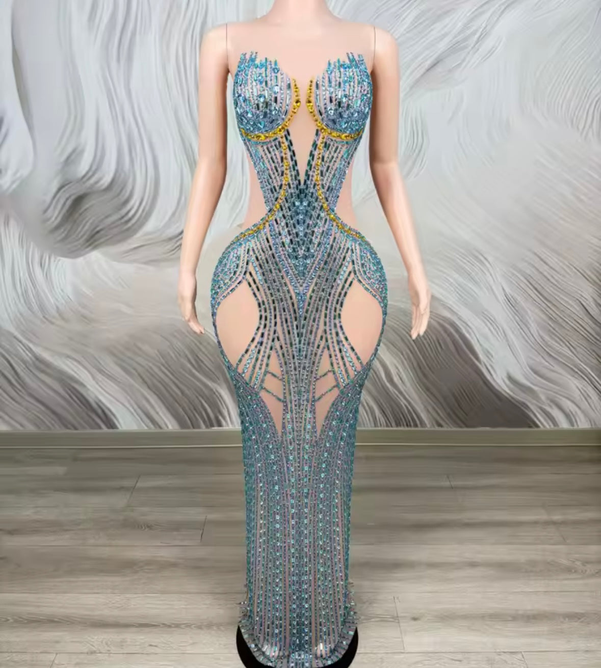 Sexy Sleeveless Color Rhinestone See Through Maxi Dress