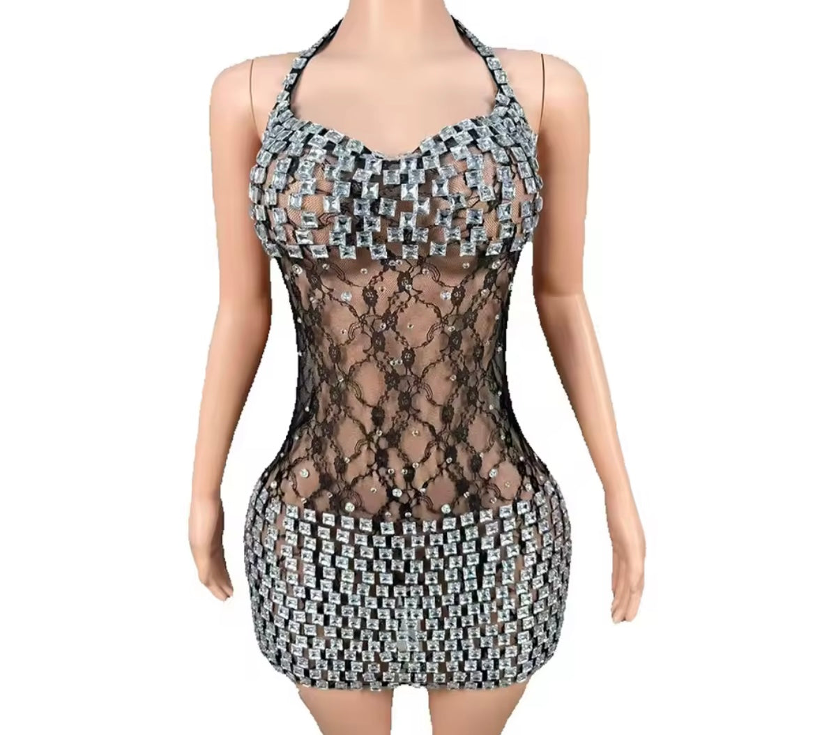 Sexy Lace Rhinestone Halter Sleeveless Dress