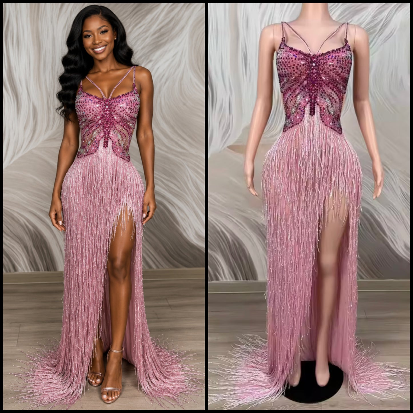 Pink Sleeveless Rhinestone Sexy Fringe Front Split Maxi Dress