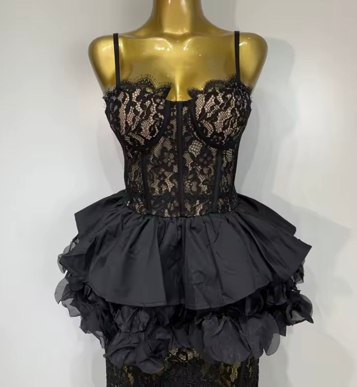 Sexy Sleeveless Black Ruffle Lace Maxi Dress