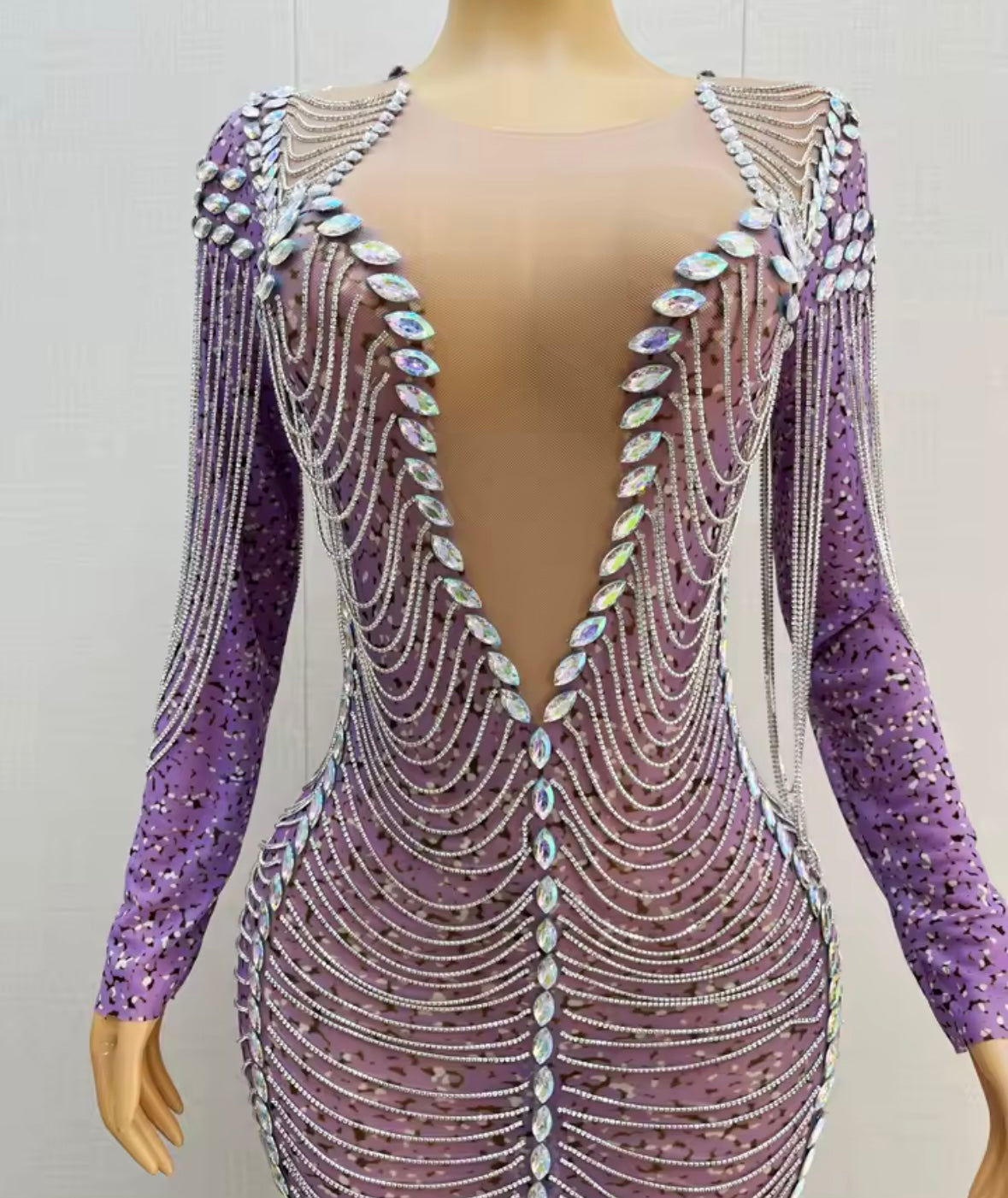 Sexy Purple Rhinestone Chain Full Sleeve Maxi Dress