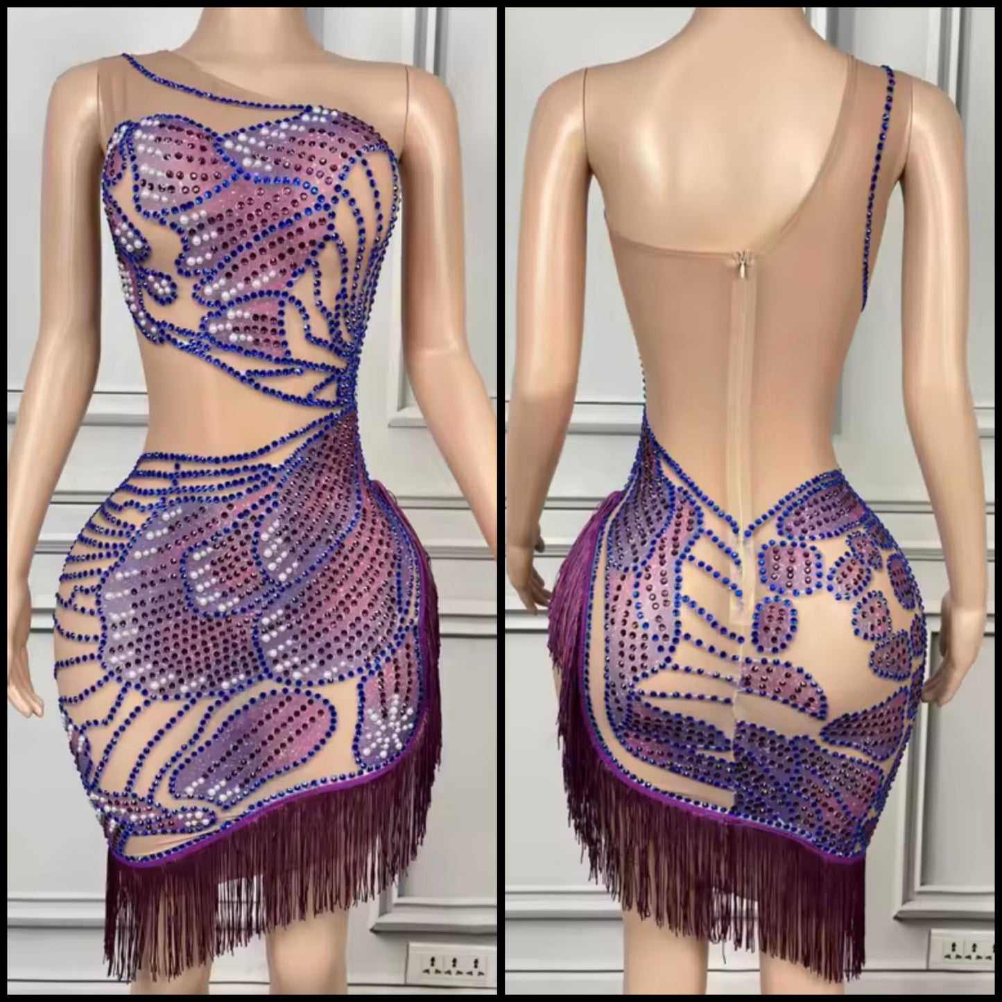 Sexy One Shoulder Sleeveless Rhinestone Fringe Tassel Dress