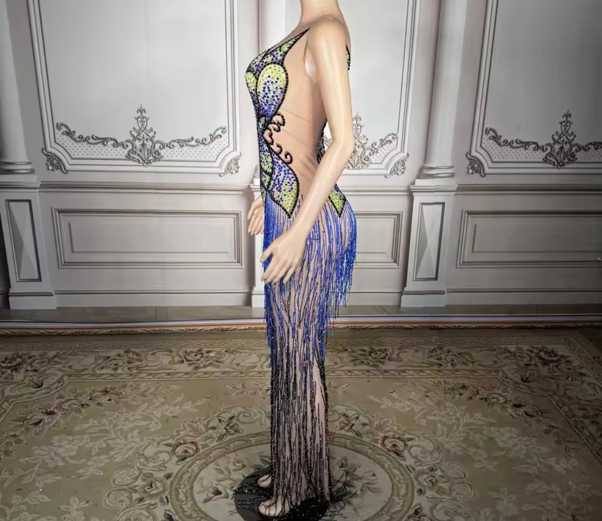 Sexy Sleeveless Rhinestone Tassel See Through Maxi Dress